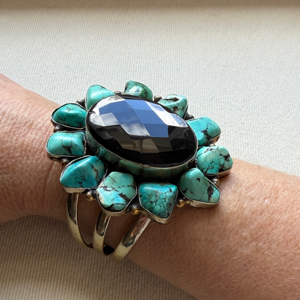 Turquoise and Black Statement Flower Cuff Bracelet